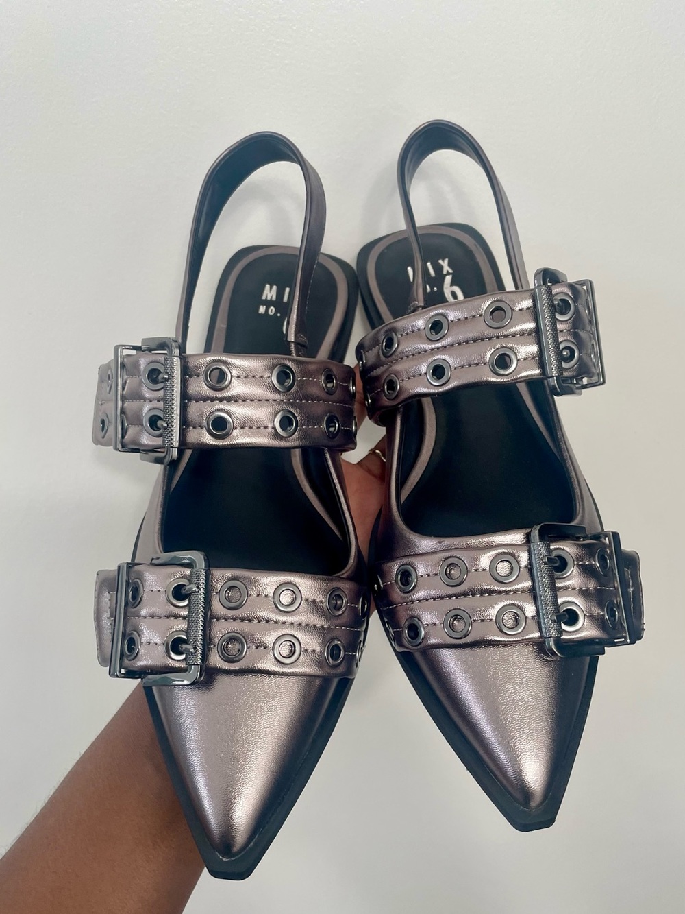 Mix No. 6 Metallic Gunmetal Pointed Slingback Flats with Studded Straps(New)